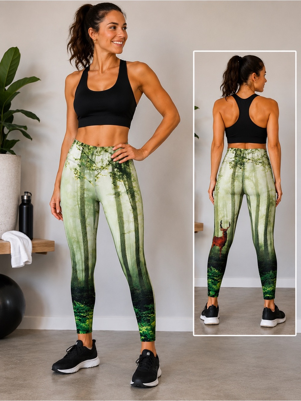 GEODE Designs Forest Deer Scenic Print Leggings Green Size Small